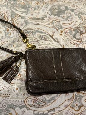 Coach Dark Brown Pebbled Leather Wristlet with Tassel